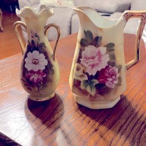 Enesco cream pitcher and vase.  Vintage Lusterware vase
